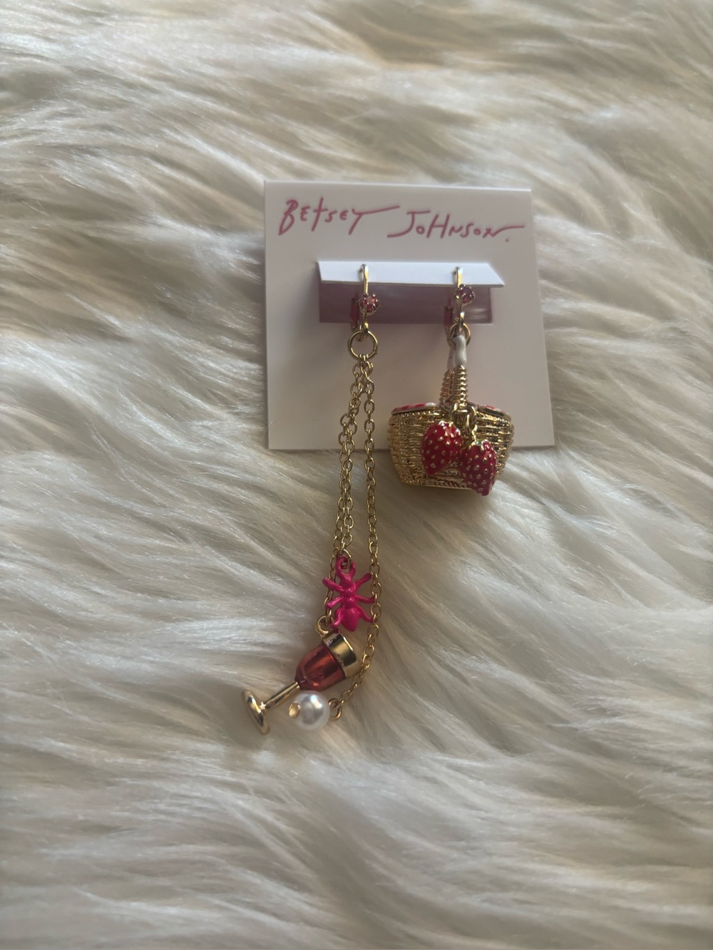 Betsey Johnson Gold Basket & Hot Pink Charm Asymmetric Drop Earrings
